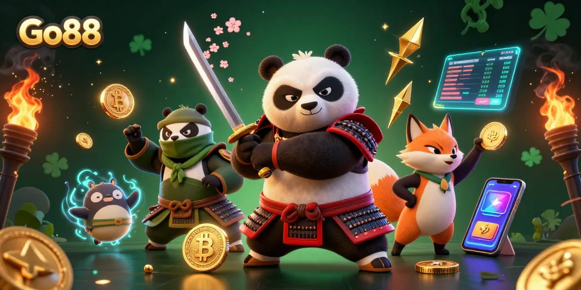 Experience thrilling wins at Go88 with a dynamic 3D casino illustration of fierce gaming characters.