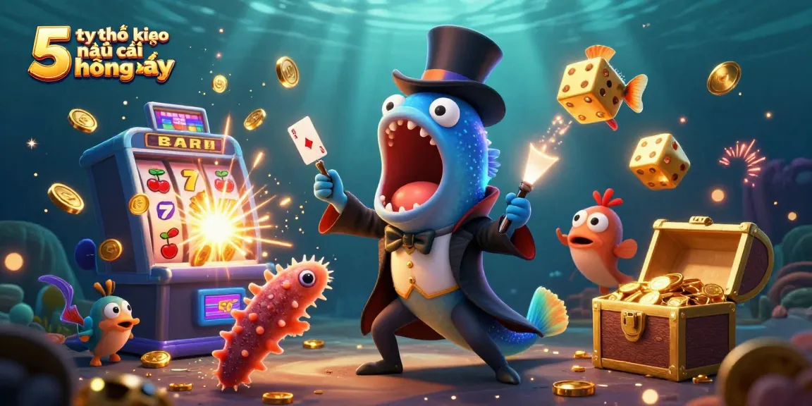 Engage in the thrilling action of tỷ lệ kèo nhà cái 5 hôm nay, featuring fun characters in a vibrant casino scene.