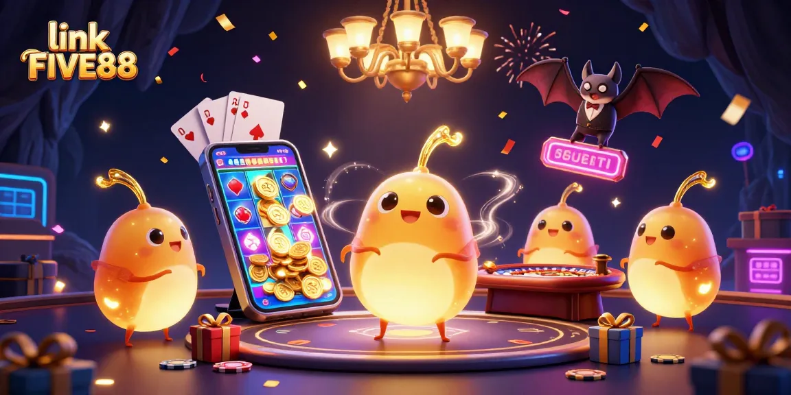 Spin and win with link FIVE88 at this vibrant cave casino illustration featuring glowworms and a bat dealer.