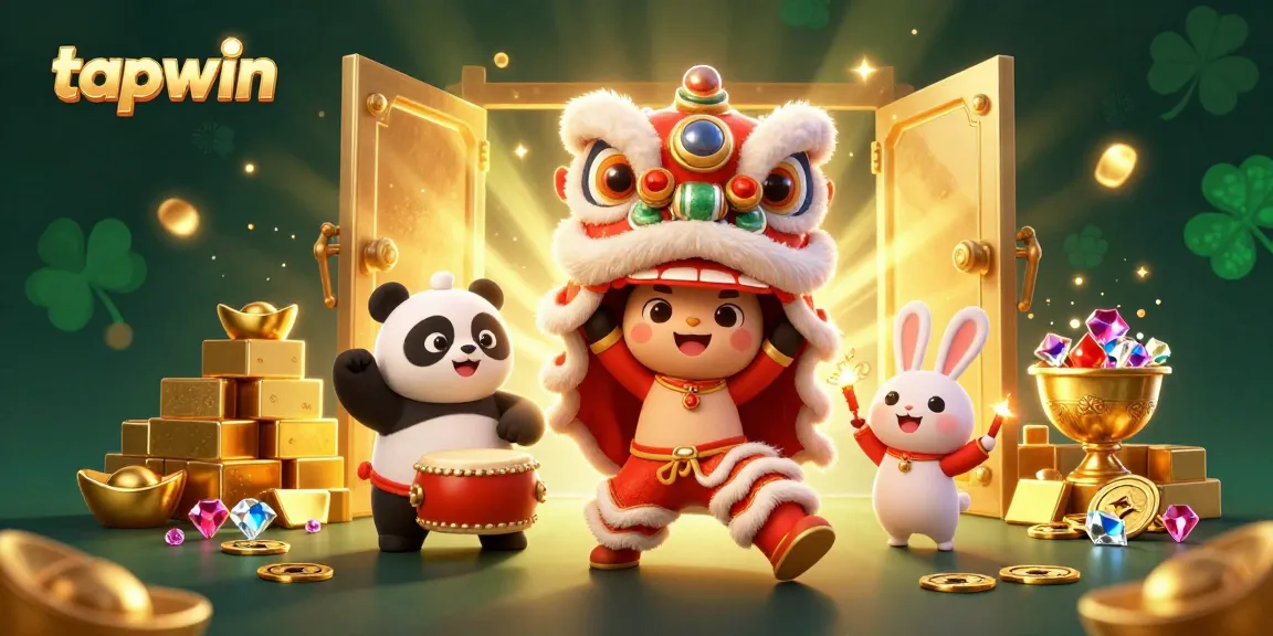Experience the thrill of tapwin's casino adventures with vibrant characters amidst treasures and festive lights.