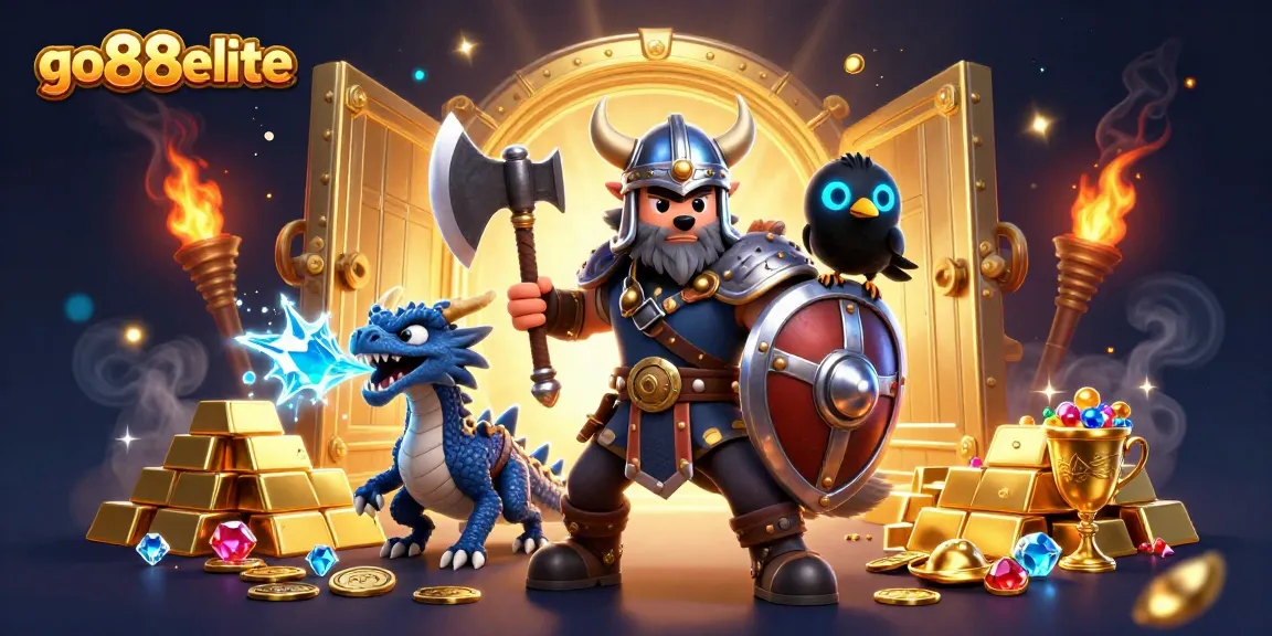 Engage with go88elite in a thrilling 3D casino adventure featuring a heroic Viking wolf and treasure elements.