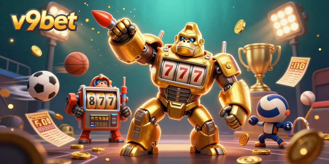 Experience dynamic gaming action with v9bet featuring a golden gorilla mech and sports elements.