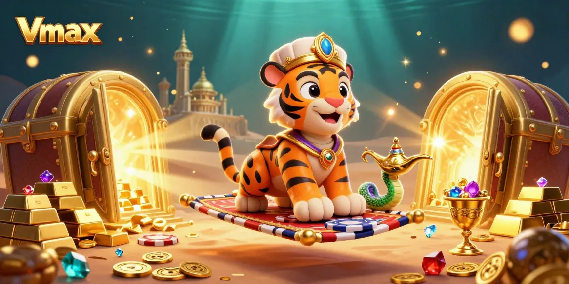 Win big with Vmax in a dazzling casino scene featuring a tiger sultan and treasures.