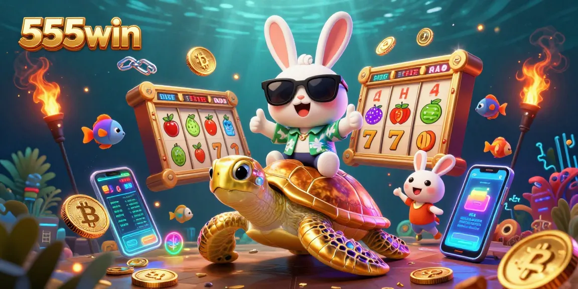 Engage with the exciting 555win online casino experience featuring a vibrant illustration of a lucky rabbit and golden sea turtle.