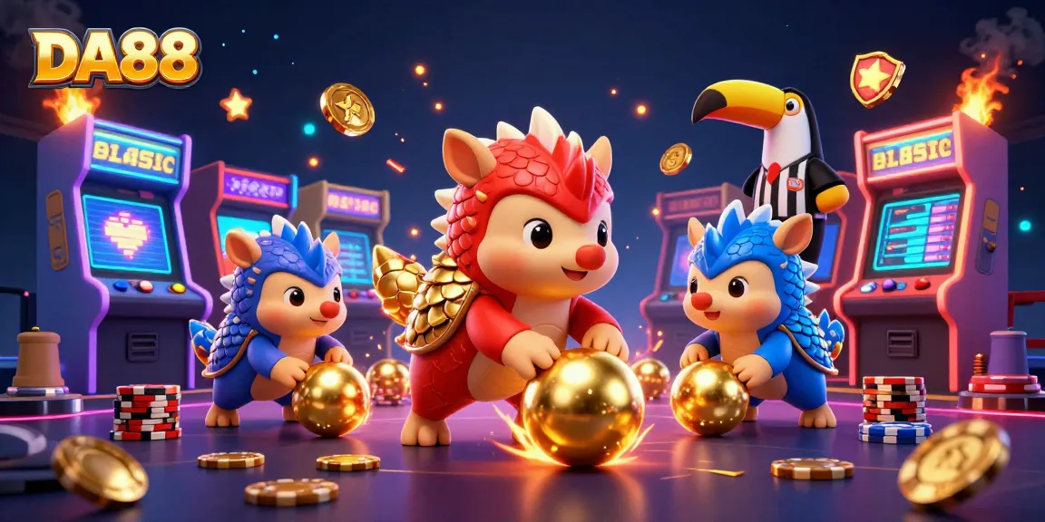 Engage in thrilling DA88 casino games with vibrant pangolins competing amidst poker chips and gaming machines.