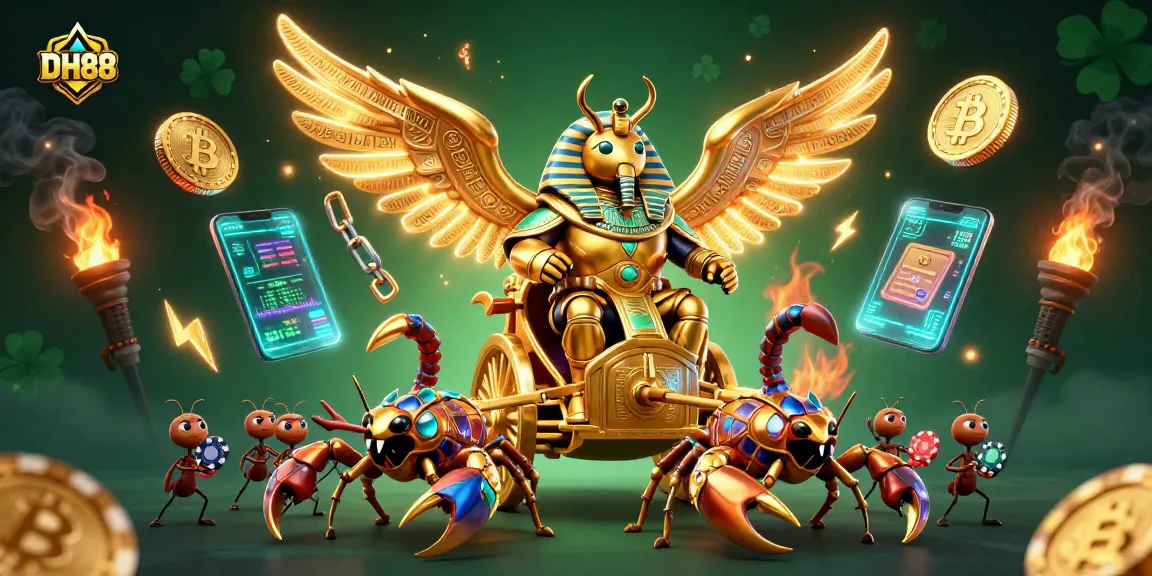 Engage with thrilling gameplay at DH88, where a colossal golden scarab beetle leads in a vibrant casino scene.