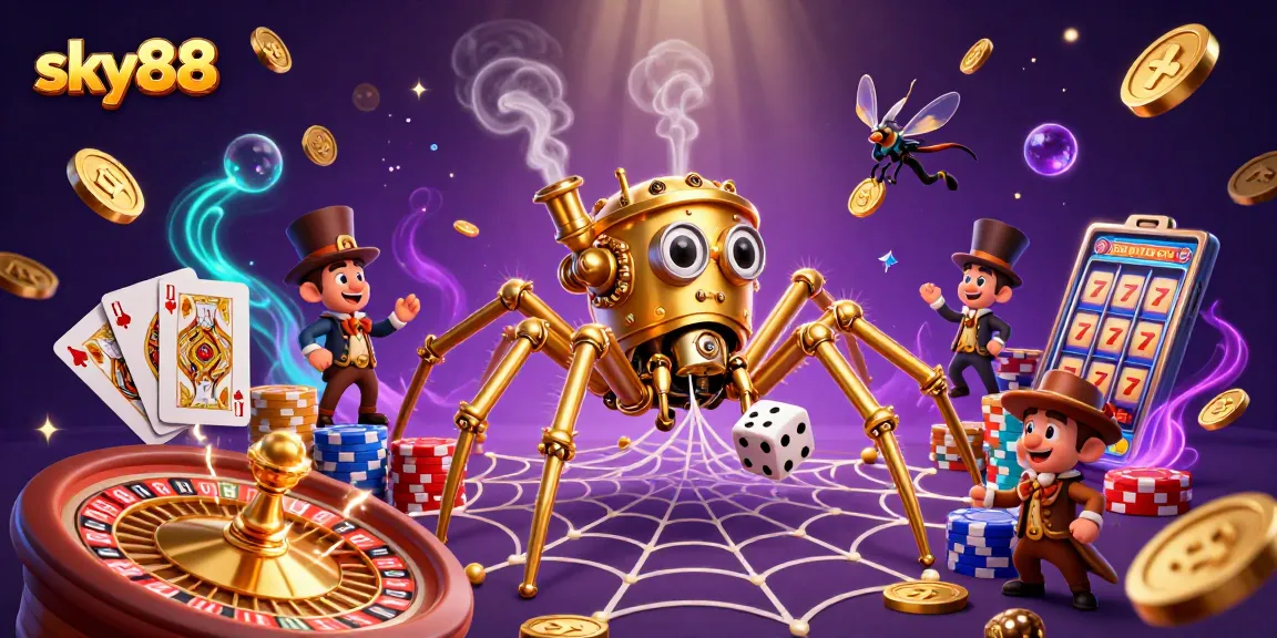 Sky88 offers exhilarating gambling action with a steampunk-themed illustration, showcasing casino elements.
