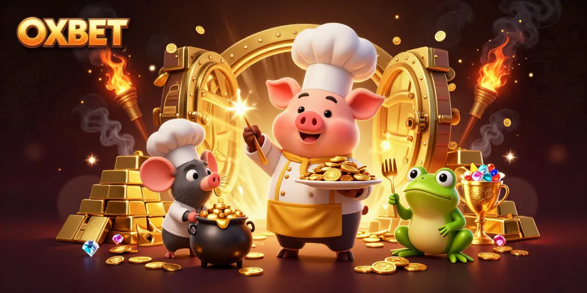 OXBET showcases a lively 3D casino scene with a chef pig, a mouse, and a frog amid gold treasures.