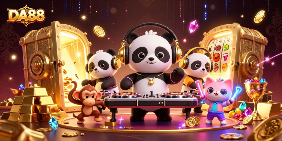 DA88 engages players with vibrant characters and slot themes in a lively casino illustration.
