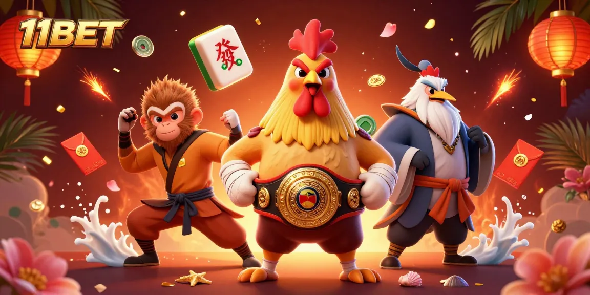 Experience dynamic gaming action with 11BET's vibrant illustration featuring iconic characters and winning elements.