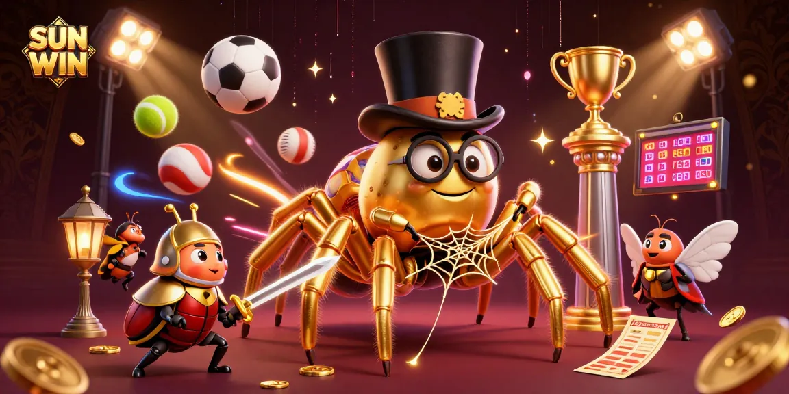 SUN WIN brings thrilling excitement with a golden tarantula and a brave beetle knight in a vibrant casino scene.