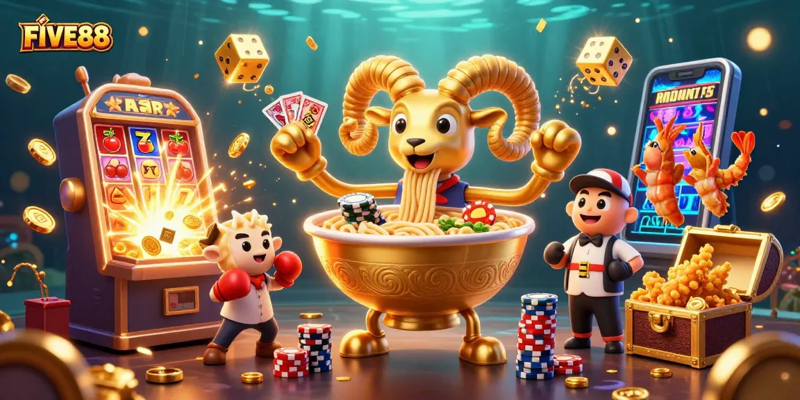 Engage in exciting wins with FIVE88's vibrant casino-themed 3D illustration full of game elements.