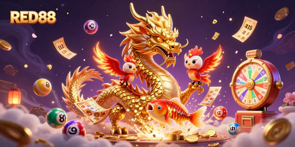Win big with the stunning RED88 dragon and phoenix illustration showcasing vibrant gaming elements.