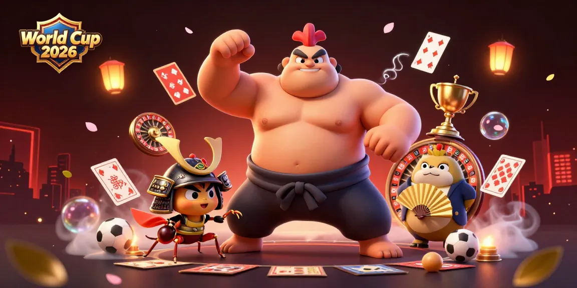 Engage in World Cup 2026 betting excitement with dynamic 3D cartoon characters and casino elements.