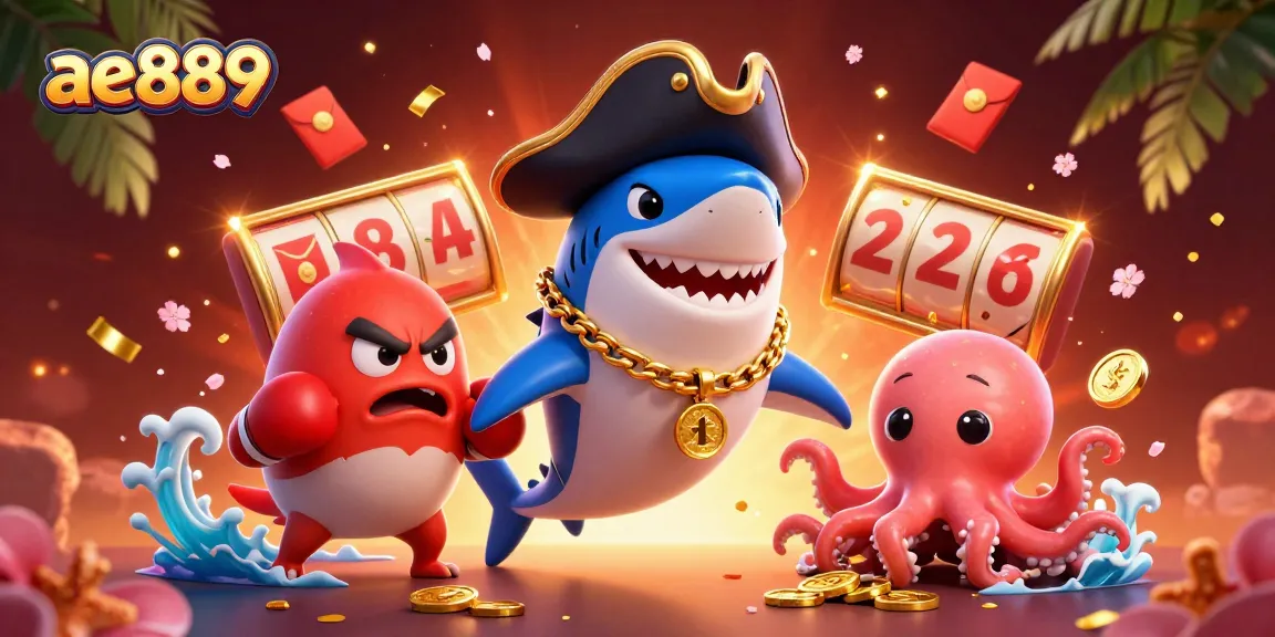 Engage with thrilling slot games at ae889 as a pirate shark leads friends in a vibrant casino scene.